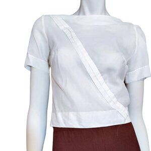 1960s Vintage White Nylon Short Sleeve Blouse Top Suit Style Button Back